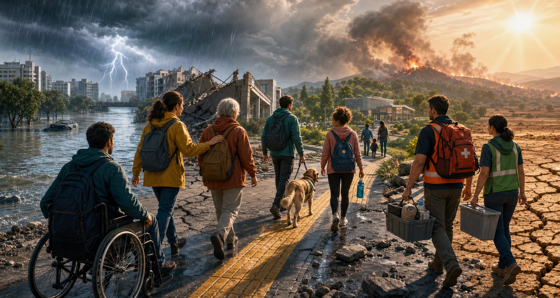 Scena illustrata di emergenza accessibile con persone con disabilità, soccorritori e comunità in sicurezza